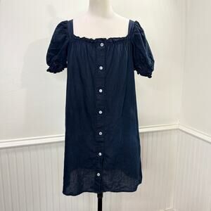 Sleeper Size S Mini Dress 100% Linen Navy Puff Sleeve Milk Maid Coquette Cottage
